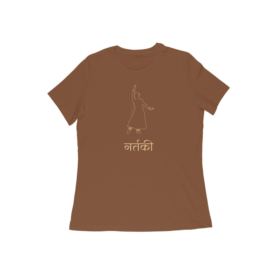 Nartaki Kathak T-Shirt for Women in coffee brown color from Store Asmi featuring Kathak Mudra dance pose print.
