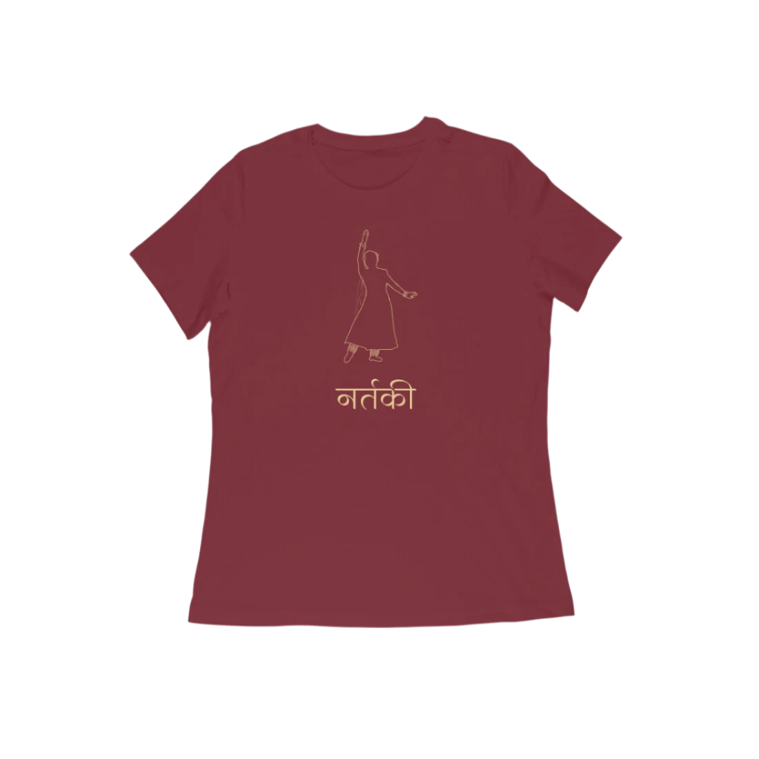 Nartaki Kathak T-Shirt for Women in maroon color from Store Asmi featuring Kathak Mudra dance pose print.