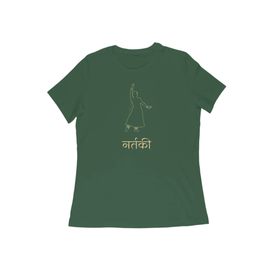 Nartaki Kathak T-Shirt for Women in olive green color from Store Asmi featuring Kathak Mudra dance pose print.