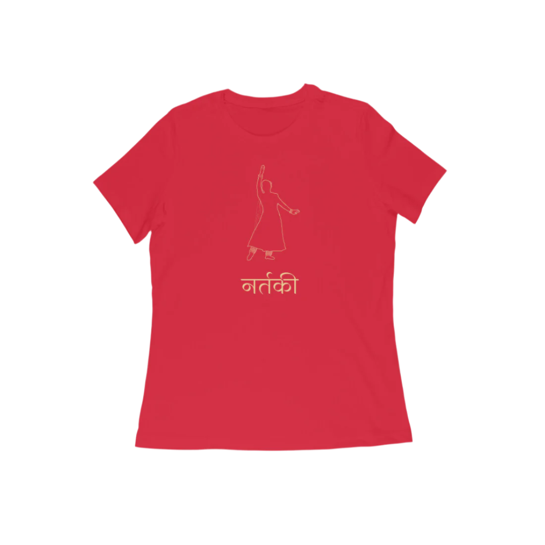 Nartaki Kathak T-Shirt for Women in red color from Store Asmi featuring Kathak Mudra dance pose print.