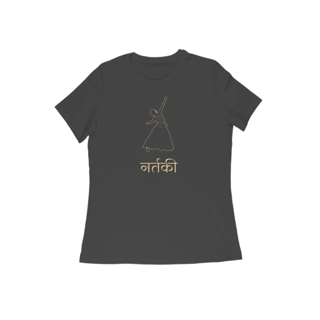 Nartaki Kathak Women’s T-Shirt in black from Store Asmi featuring elegant Kathak Mudra classical dance design.