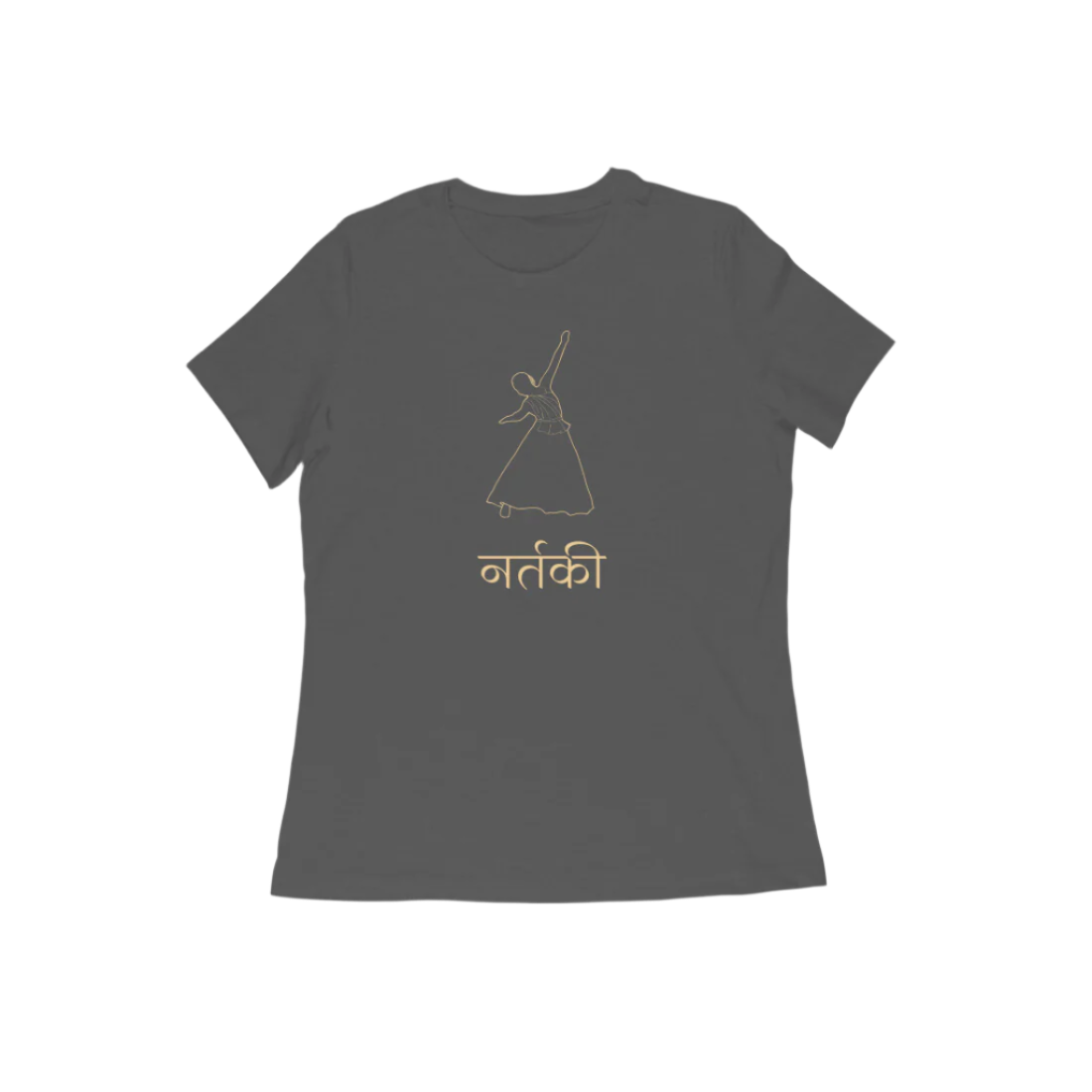 Nartaki Kathak Women’s T-Shirt in charcoal grey from Store Asmi featuring elegant Kathak Mudra classical dance design.