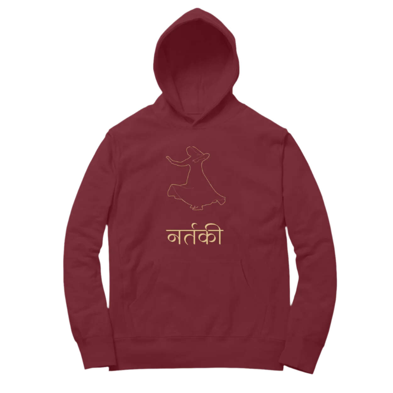 Nartaki Kathak Women’s Hoodie in maroon color from Store Asmi featuring elegant Kathak Mudra classical dance print.
