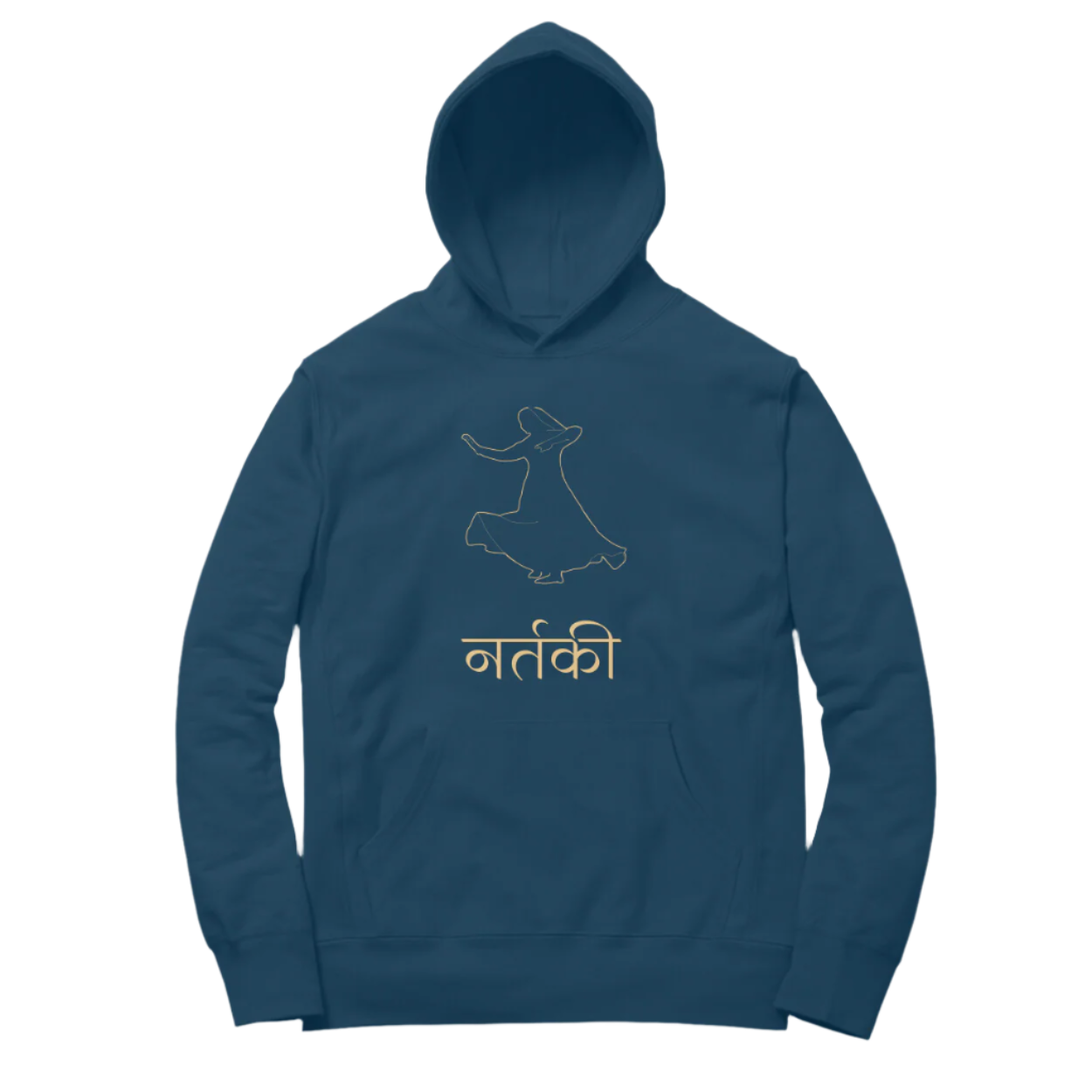 Nartaki Kathak Women’s Hoodie in navy blue color from Store Asmi featuring elegant Kathak Mudra classical dance print.