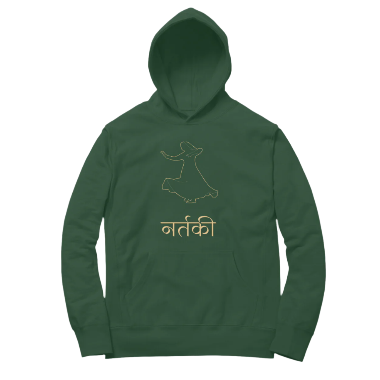 Nartaki Kathak Women’s Hoodie in olive green color from Store Asmi featuring elegant Kathak Mudra classical dance print.