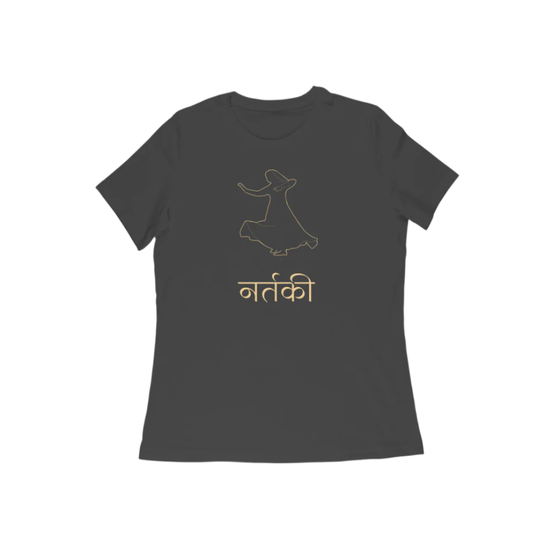Nartaki Kathak Women’s T-Shirt in black color from Store Asmi featuring elegant Kathak Mudra dance graphic print.