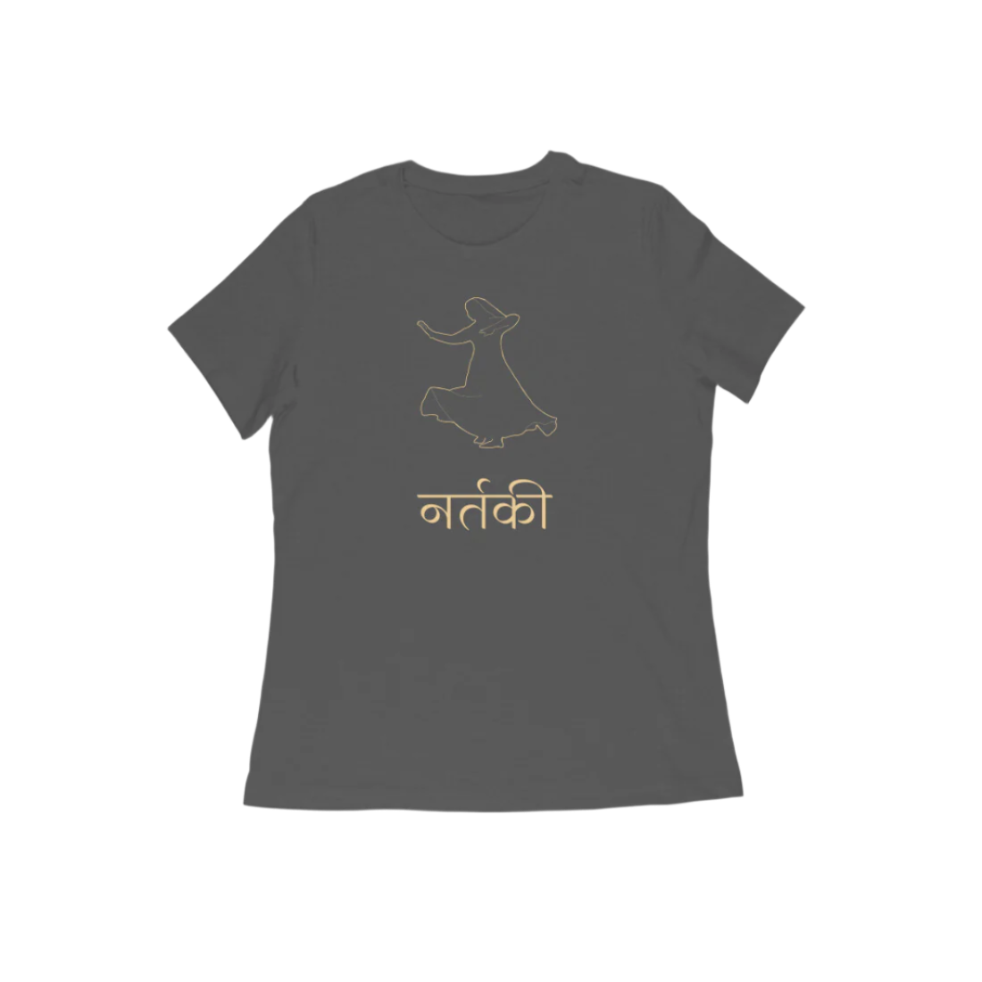 Nartaki Kathak Women’s T-Shirt in charcoal grey color from Store Asmi featuring elegant Kathak Mudra dance graphic print.