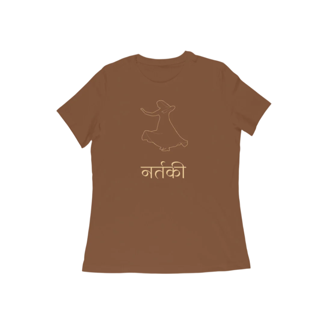 Nartaki Kathak Women’s T-Shirt in coffee brown color from Store Asmi featuring elegant Kathak Mudra dance graphic print.