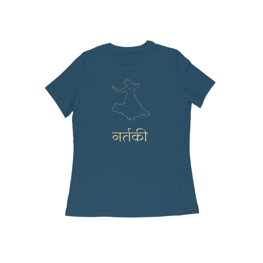Nartaki Kathak Women’s T-Shirt in navy blue color from Store Asmi featuring elegant Kathak Mudra dance graphic print.