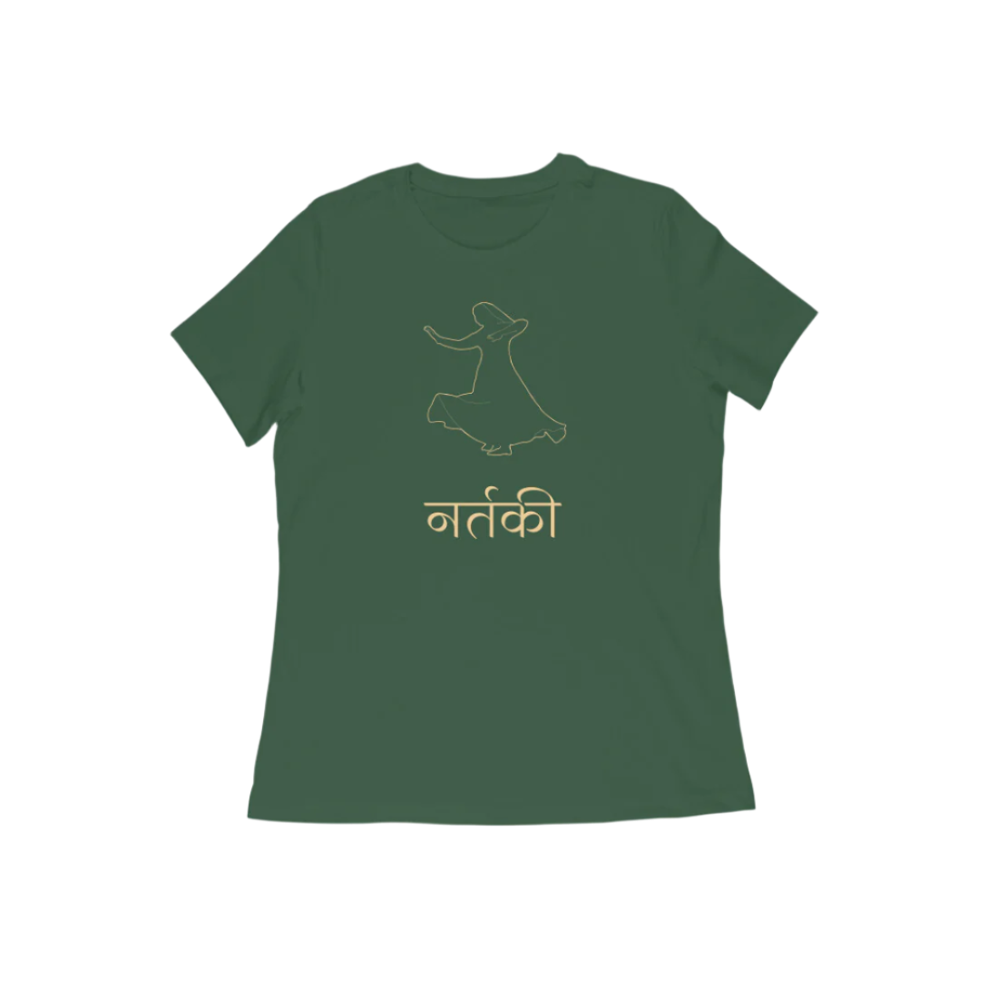 Nartaki Kathak Women’s T-Shirt in olive green color from Store Asmi featuring elegant Kathak Mudra dance graphic print.