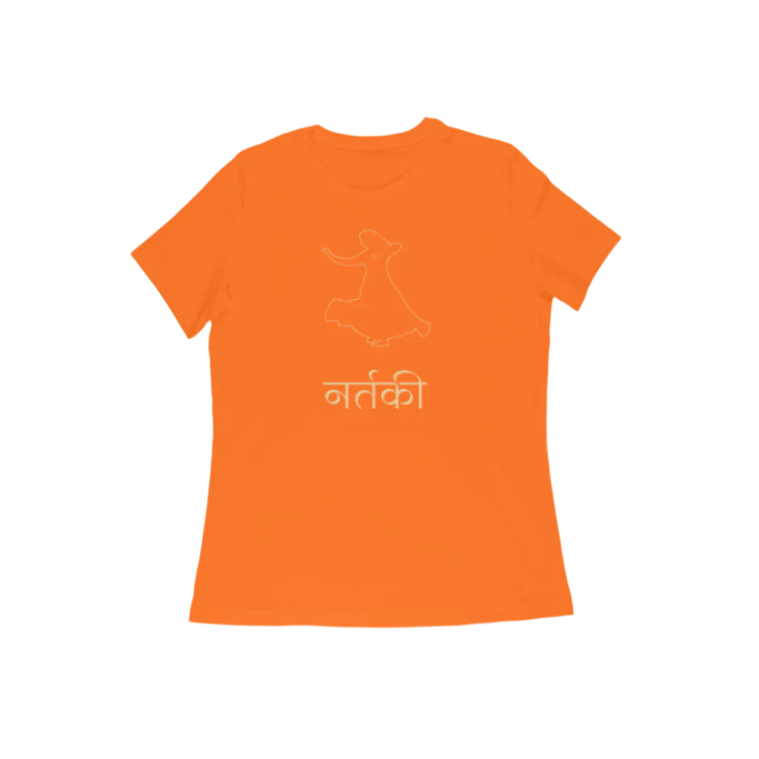Nartaki Kathak Women’s T-Shirt in orange color from Store Asmi featuring elegant Kathak Mudra dance graphic print.