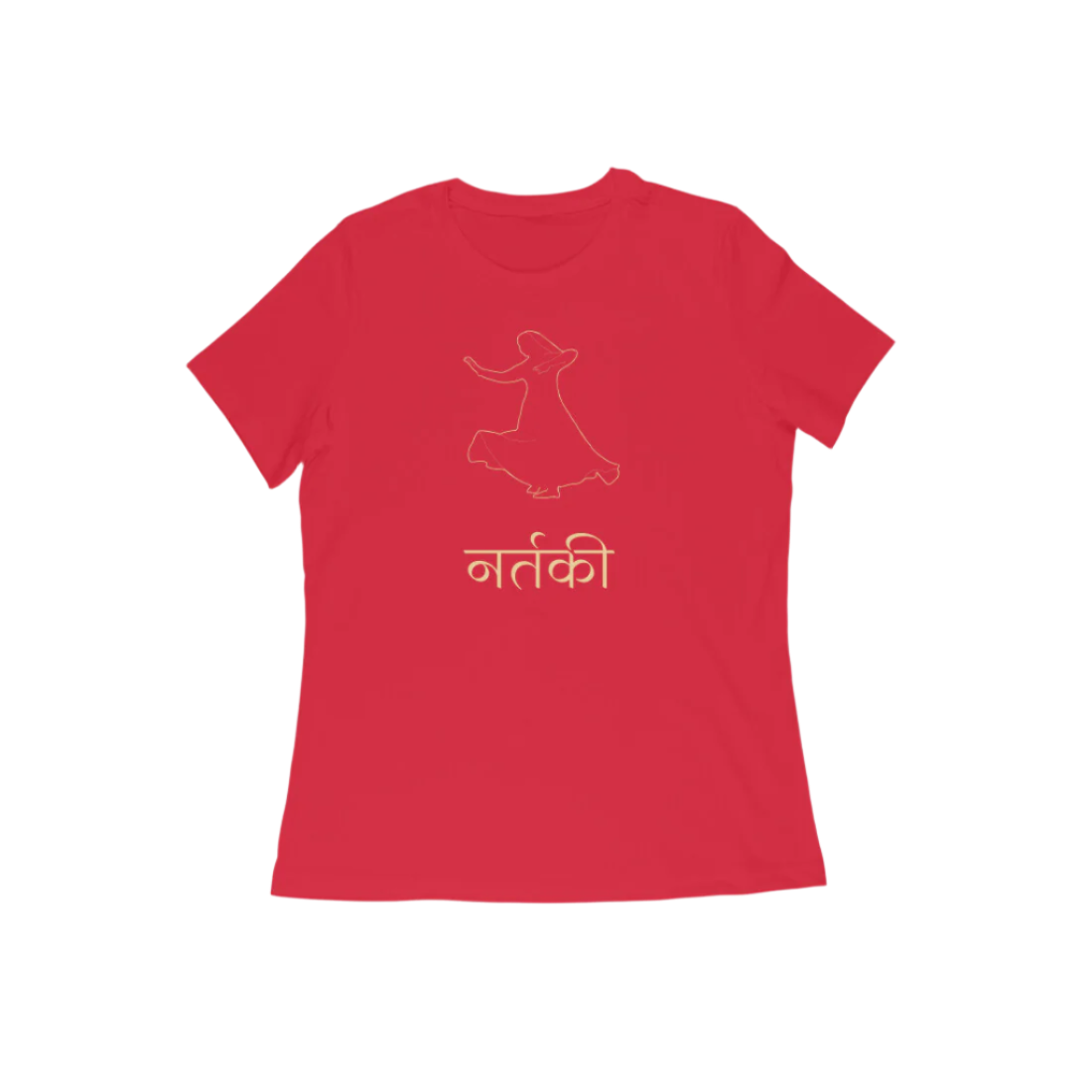 Nartaki Kathak Women’s T-Shirt in red color from Store Asmi featuring elegant Kathak Mudra dance graphic print.