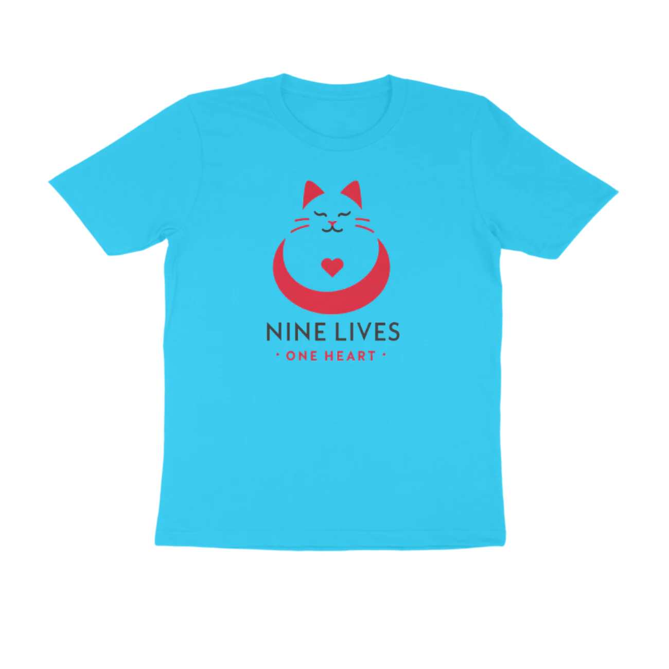 Nine Lives Men’s T-Shirt featuring red cat graphic and “Nine Lives One Heart” quote, round neck soft cotton music sky blue t-shirt for cat lovers by Store Asmi