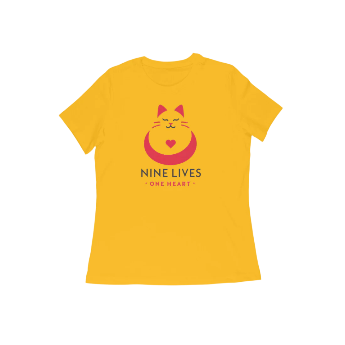 Nine Lives Women’s T-Shirt in golden yellow featuring red cat graphic and “Nine Lives One Heart” quote, soft cotton round neck music t-shirt for cat lovers by Store Asmi
