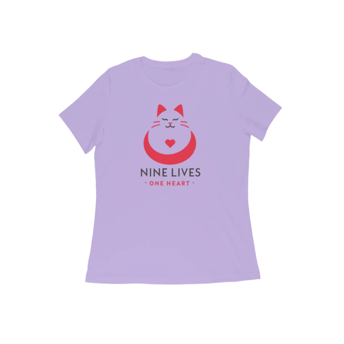 Nine Lives Women’s T-Shirt in iris lavender featuring red cat graphic and “Nine Lives One Heart” quote, soft cotton round neck music t-shirt for cat lovers by Store Asmi