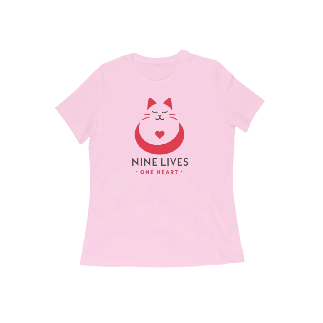 Nine Lives Women’s T-Shirt in light pink featuring red cat graphic and “Nine Lives One Heart” quote, soft cotton round neck music t-shirt for cat lovers by Store Asmi