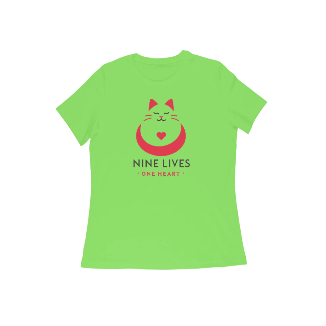 Nine Lives Women’s T-Shirt in liril green featuring red cat graphic and “Nine Lives One Heart” quote, soft cotton round neck music t-shirt for cat lovers by Store Asmi