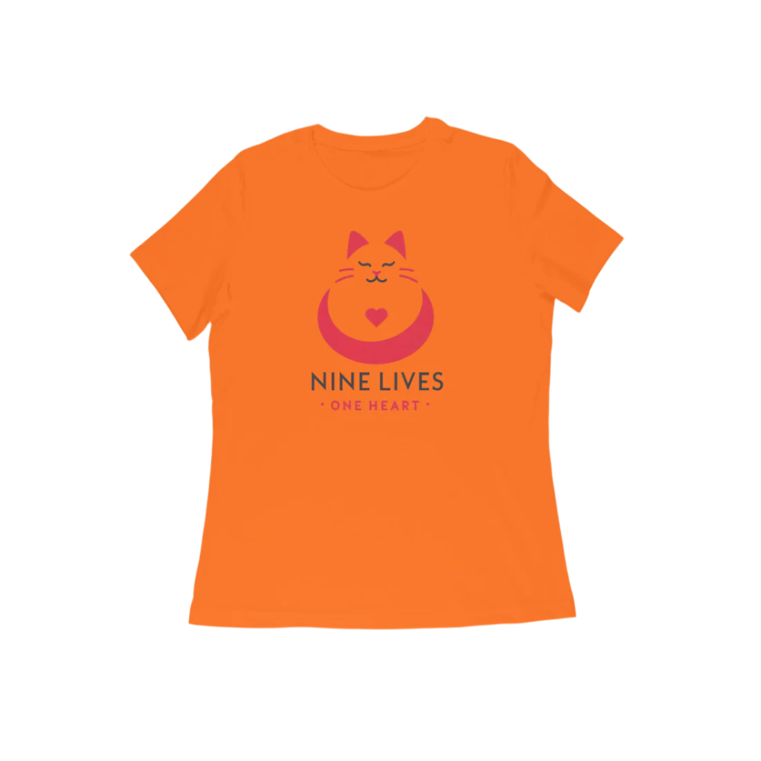 Nine Lives Women’s T-Shirt in orange featuring red cat graphic and “Nine Lives One Heart” quote, soft cotton round neck music t-shirt for cat lovers by Store Asmi