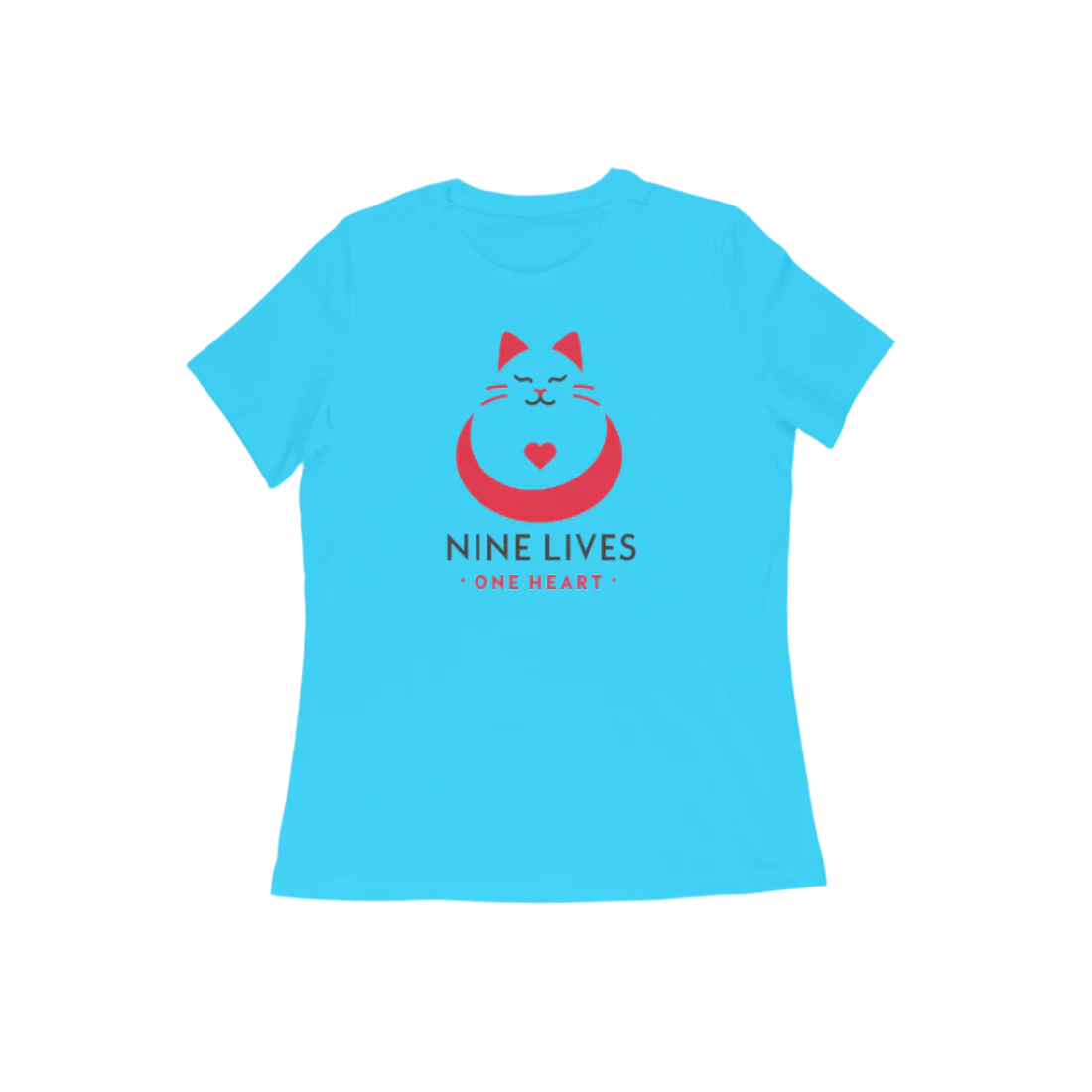 Nine Lives Women’s T-Shirt in sky blue featuring red cat graphic and “Nine Lives One Heart” quote, soft cotton round neck music t-shirt for cat lovers by Store Asmi