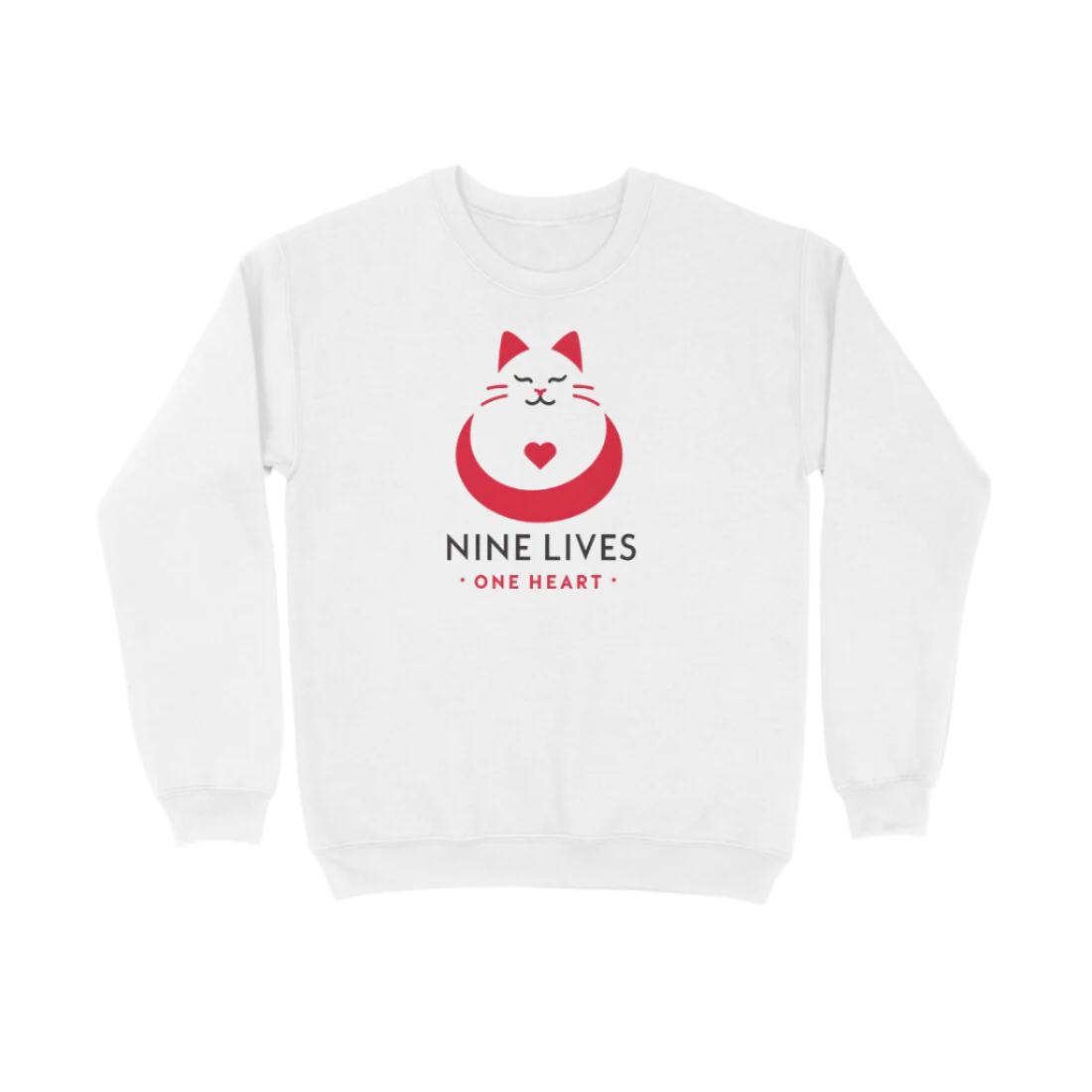 Nine Lives Unisex Sweatshirt in white featuring red cat and “Nine Lives One Heart” design, warm fleece music sweatshirt for cat lovers by Store Asmi
