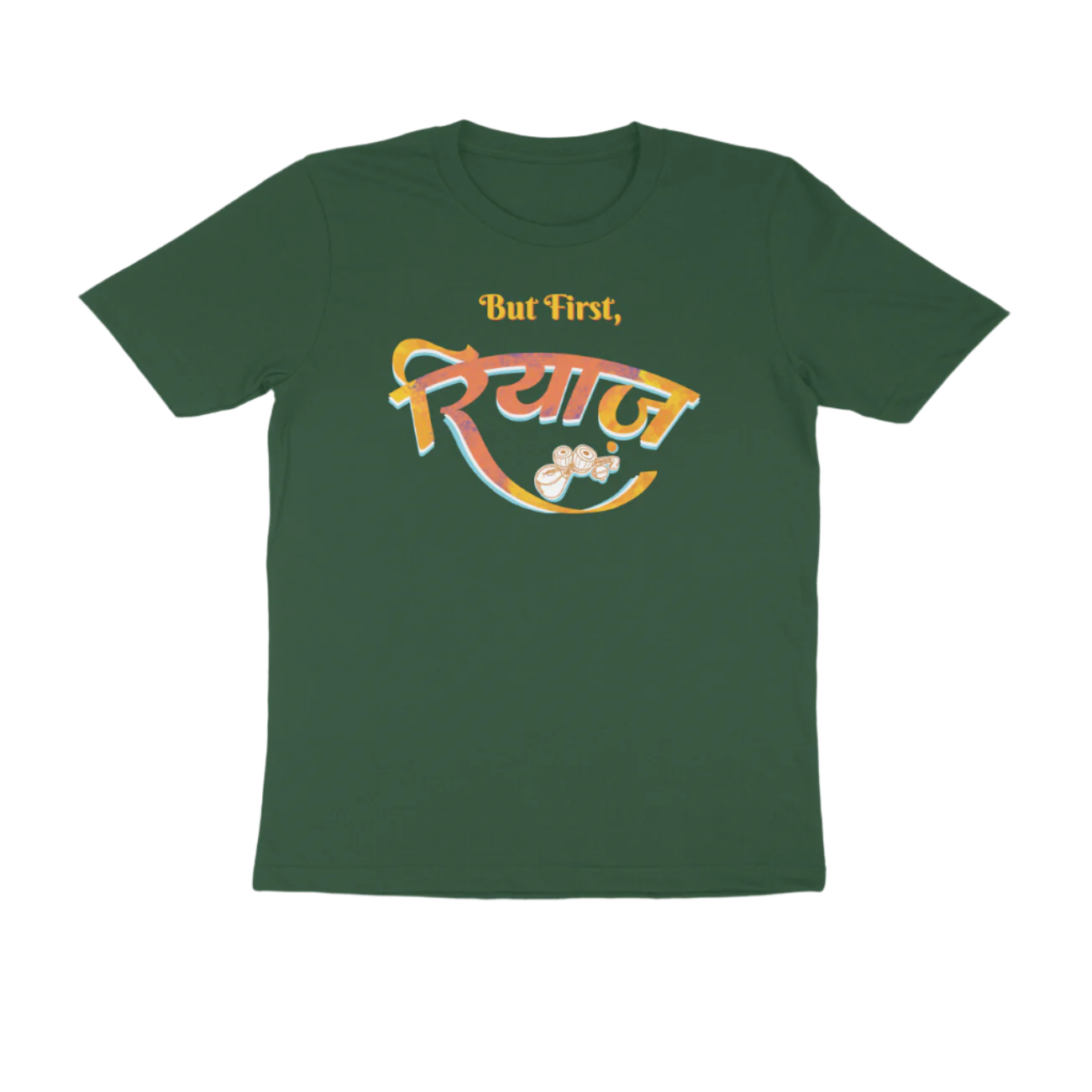 Olive Green Riyaz men’s round neck music t-shirt with But First रियाज calligraphy and tabla artwork, a graphic printed classical cotton men’s t-shirt