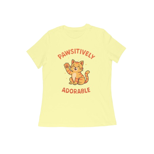 Pawsitively Cat women’s butter yellow Funny Quote T-Shirt with cute cat illustration, perfect Animal and Cat Lover T-Shirt by Store Asmi.