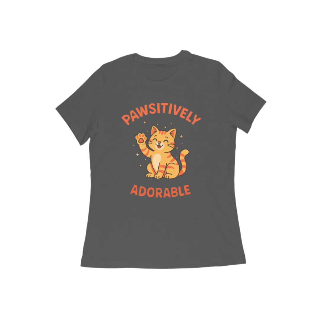 Pawsitively Cat women’s charcoal grey Funny Quote T-Shirt with cute cat illustration, perfect Animal and Cat Lover T-Shirt by Store Asmi.
