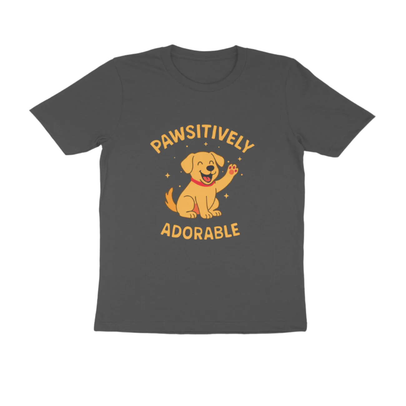 Pawsitively Dog Men’s T-Shirt charcoal grey with cartoon dog graphic and funny quote, animal lover t-shirt by Store Asmi