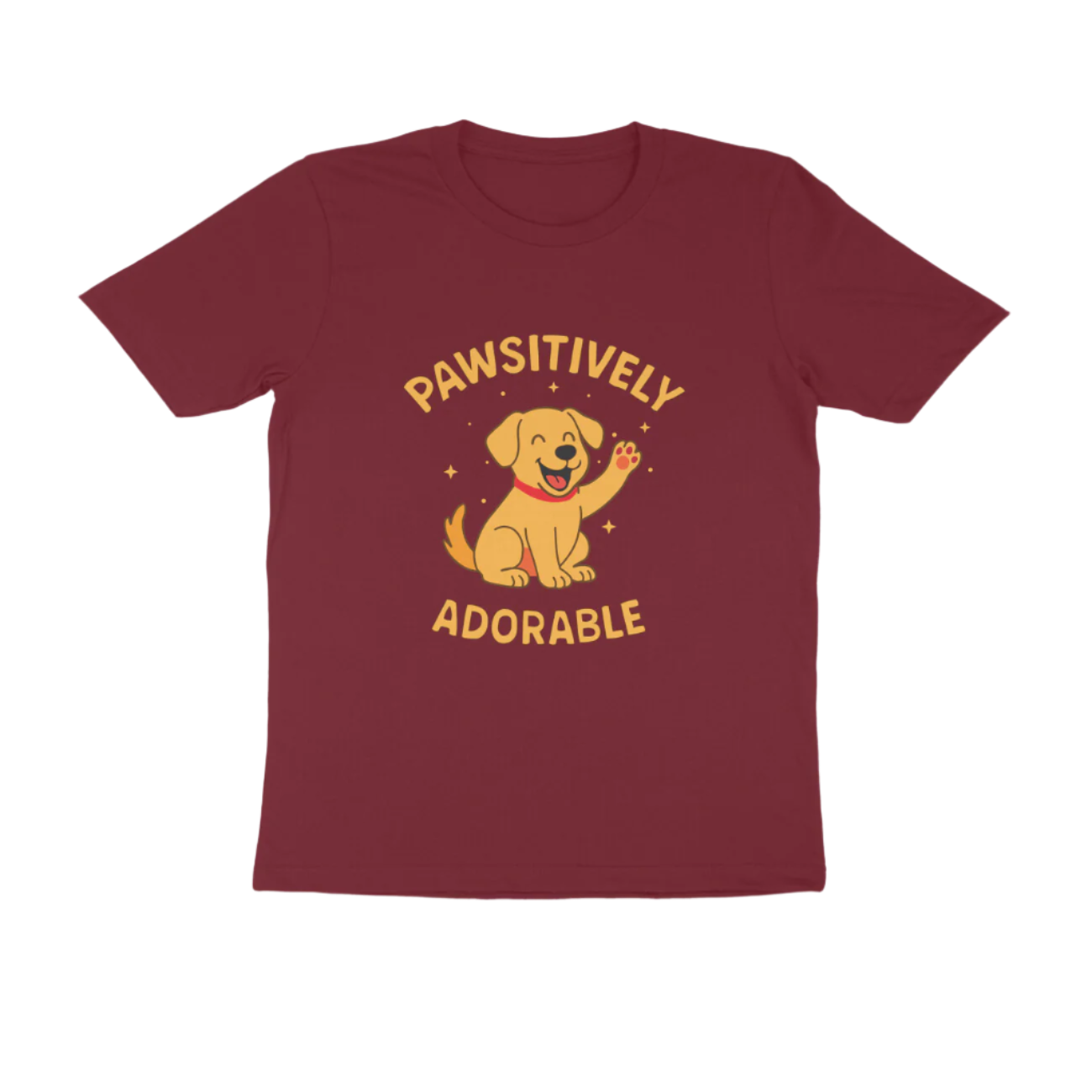 Pawsitively Dog Men’s T-Shirt maroon with cartoon dog graphic and funny quote, animal lover t-shirt by Store Asmi