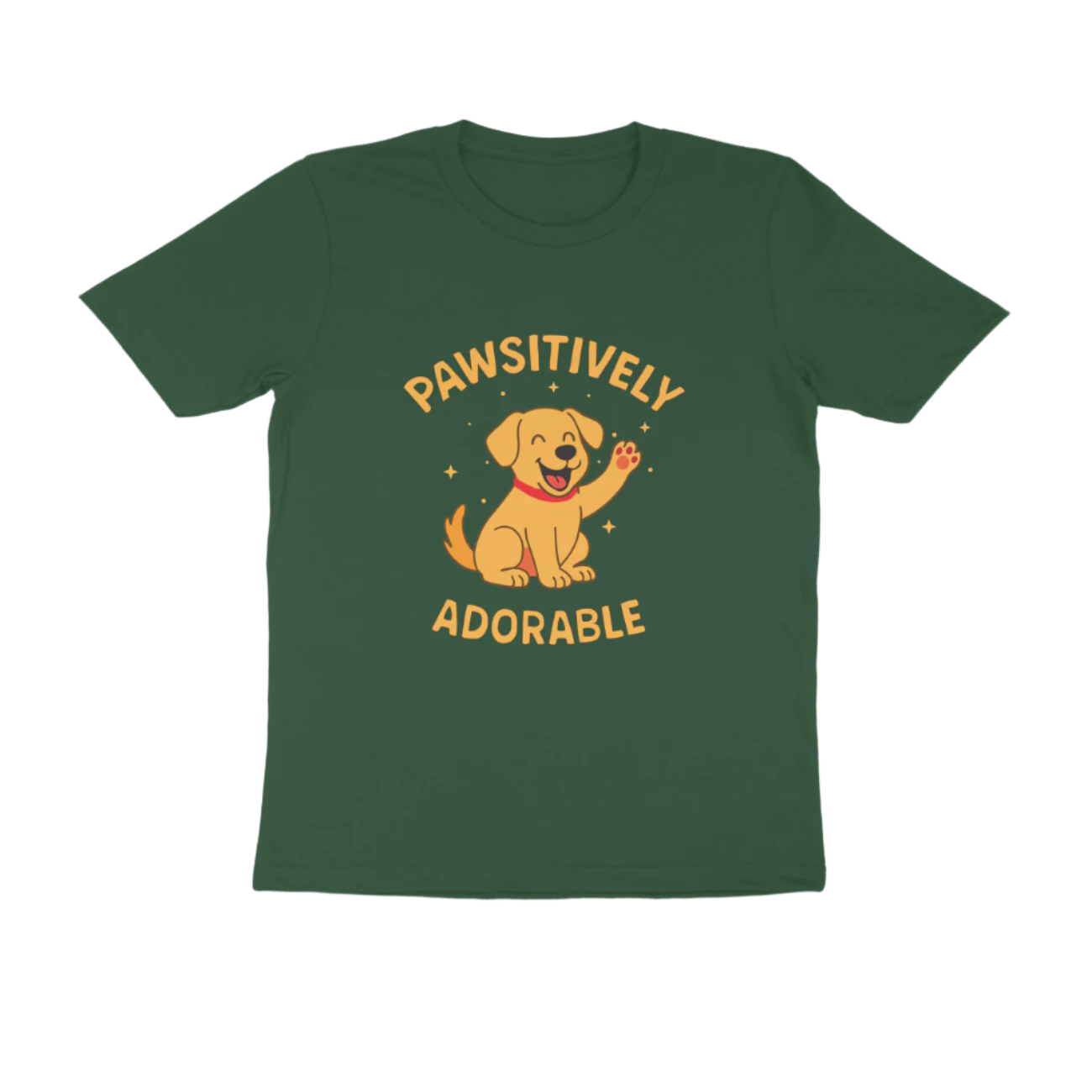 Pawsitively Dog Men’s T-Shirt olive green with cartoon dog graphic and funny quote, animal lover t-shirt by Store Asmi