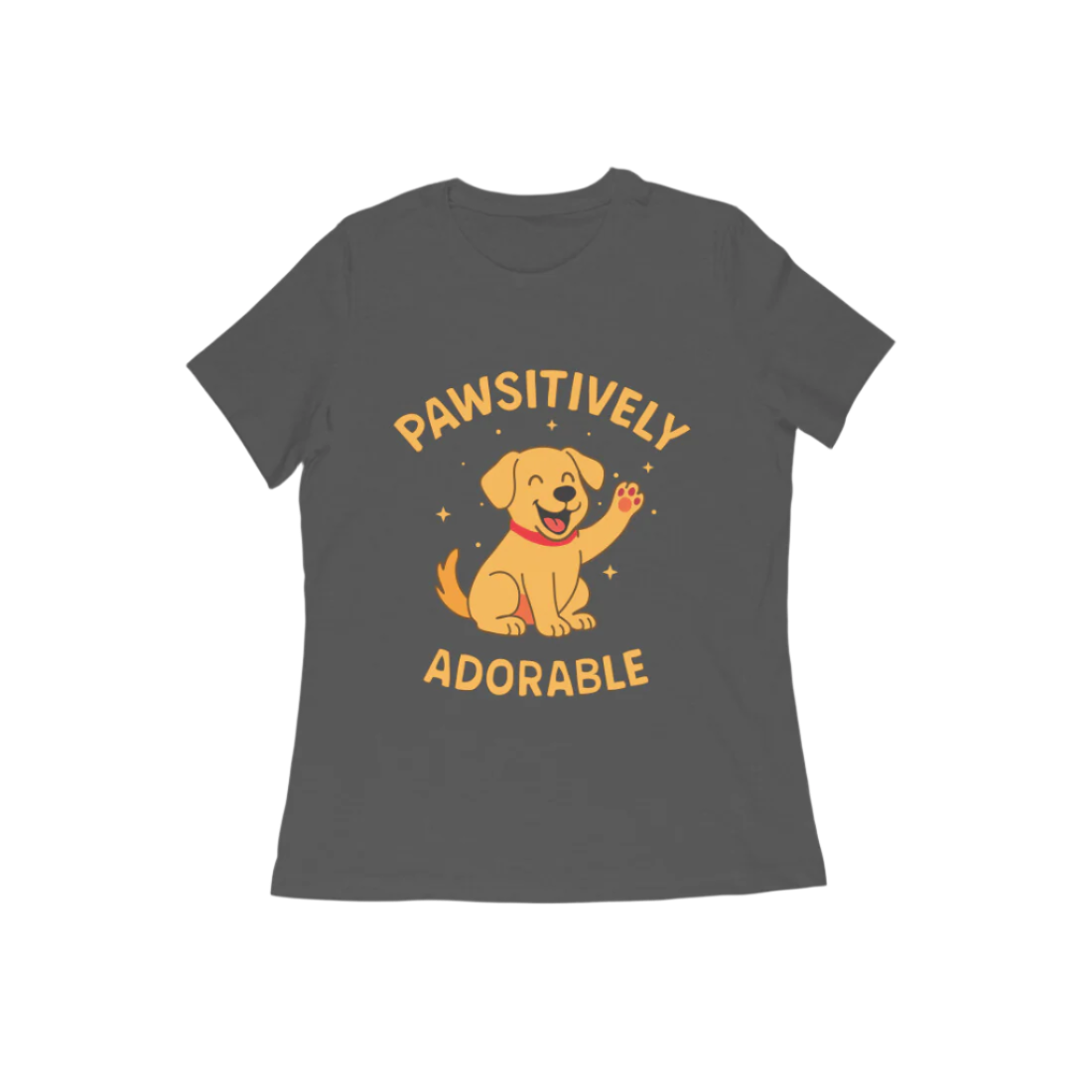 Pawsitively Dog Women’s T-Shirt charcoal grey with cartoon dog graphic and funny quote, cute animal lover gift t-shirt by Store Asmi