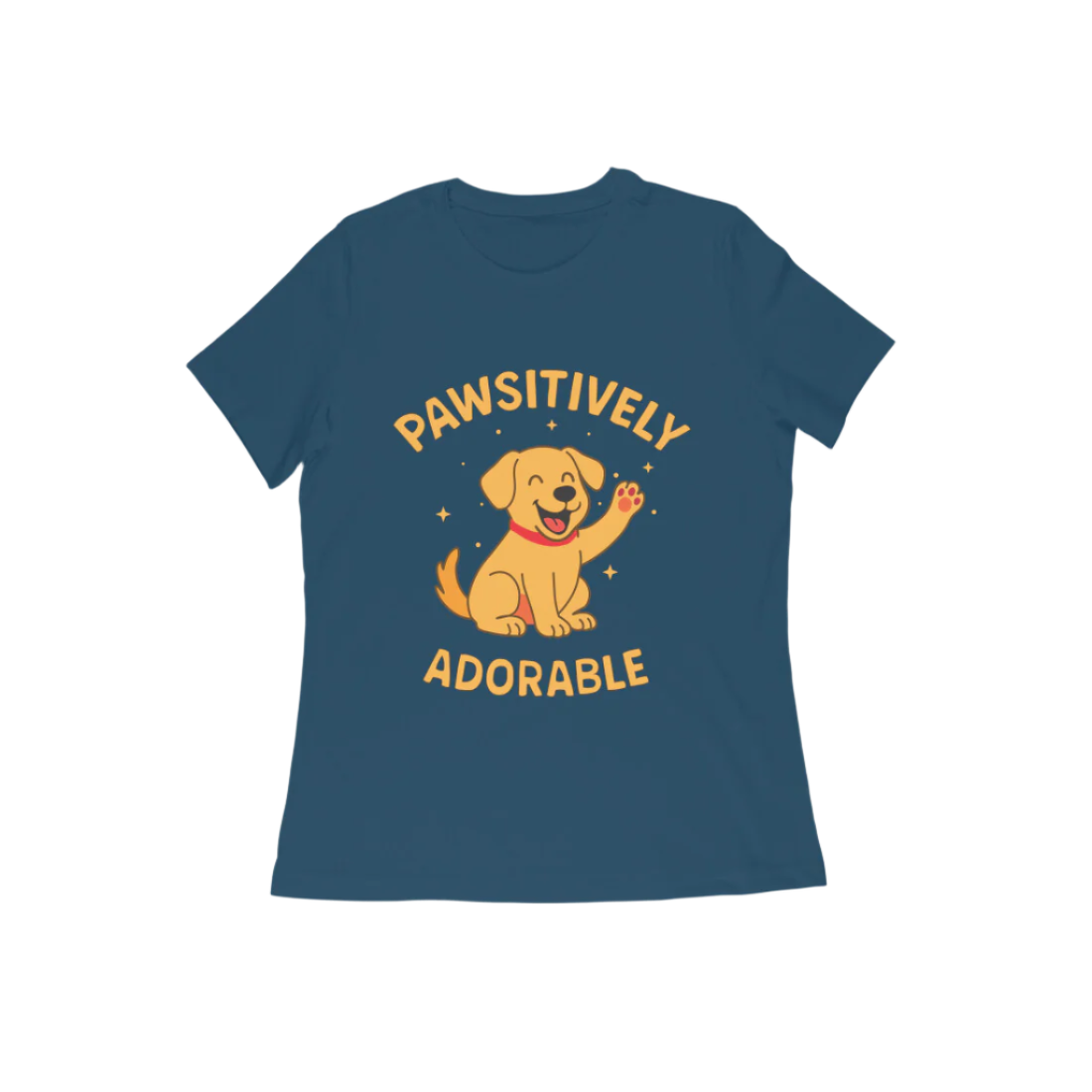 Pawsitively Dog Women’s T-Shirt navy blue with cartoon dog graphic and funny quote, cute animal lover gift t-shirt by Store Asmi