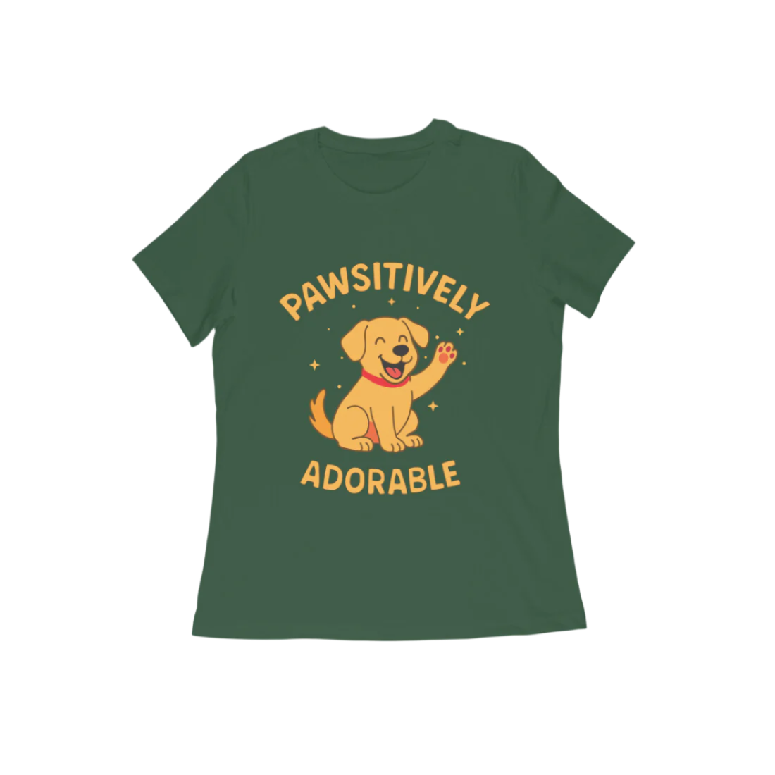 Pawsitively Dog Women’s T-Shirt olive green with cartoon dog graphic and funny quote, cute animal lover gift t-shirt by Store Asmi