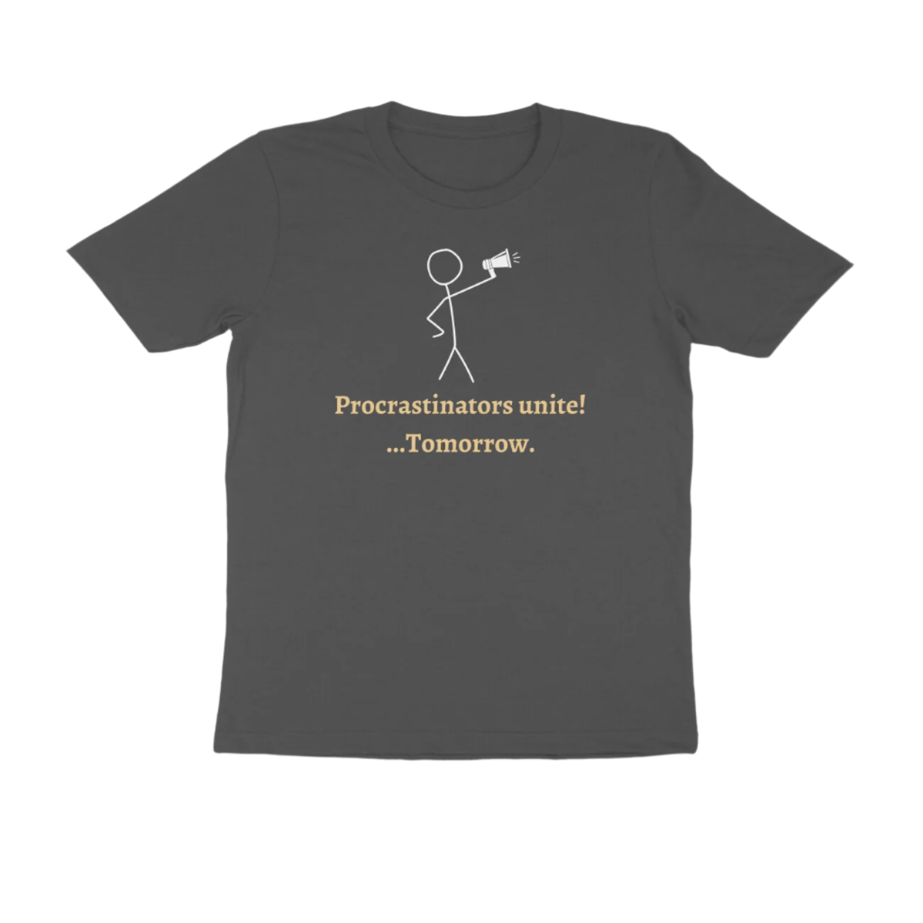 Procrastinators men’s charcoal grey funny quote t-shirt with witty slogan and stick figure print, perfect humorous casual wear by Store Asmi.