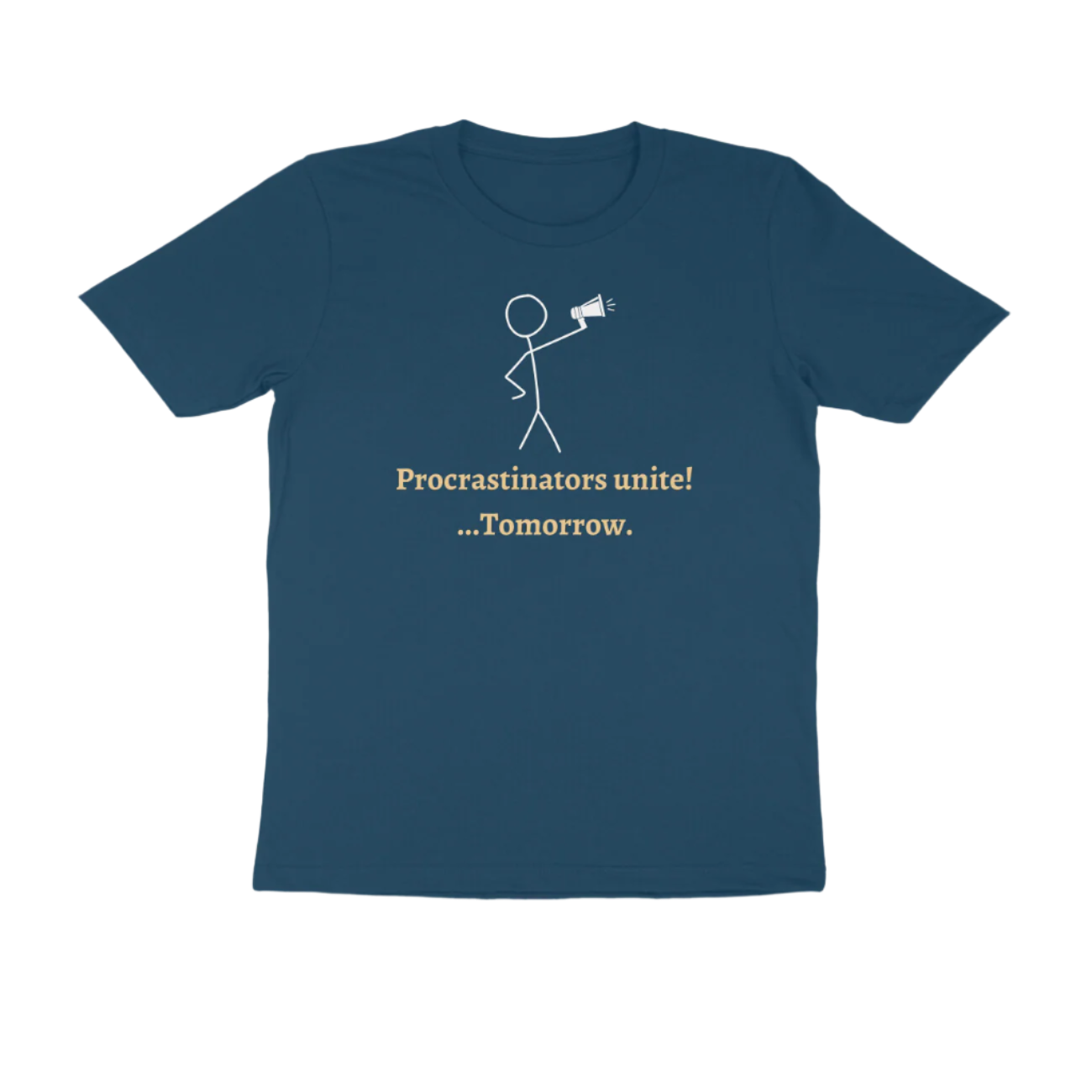Procrastinators men’s navy blue funny quote t-shirt with witty slogan and stick figure print, perfect humorous casual wear by Store Asmi.