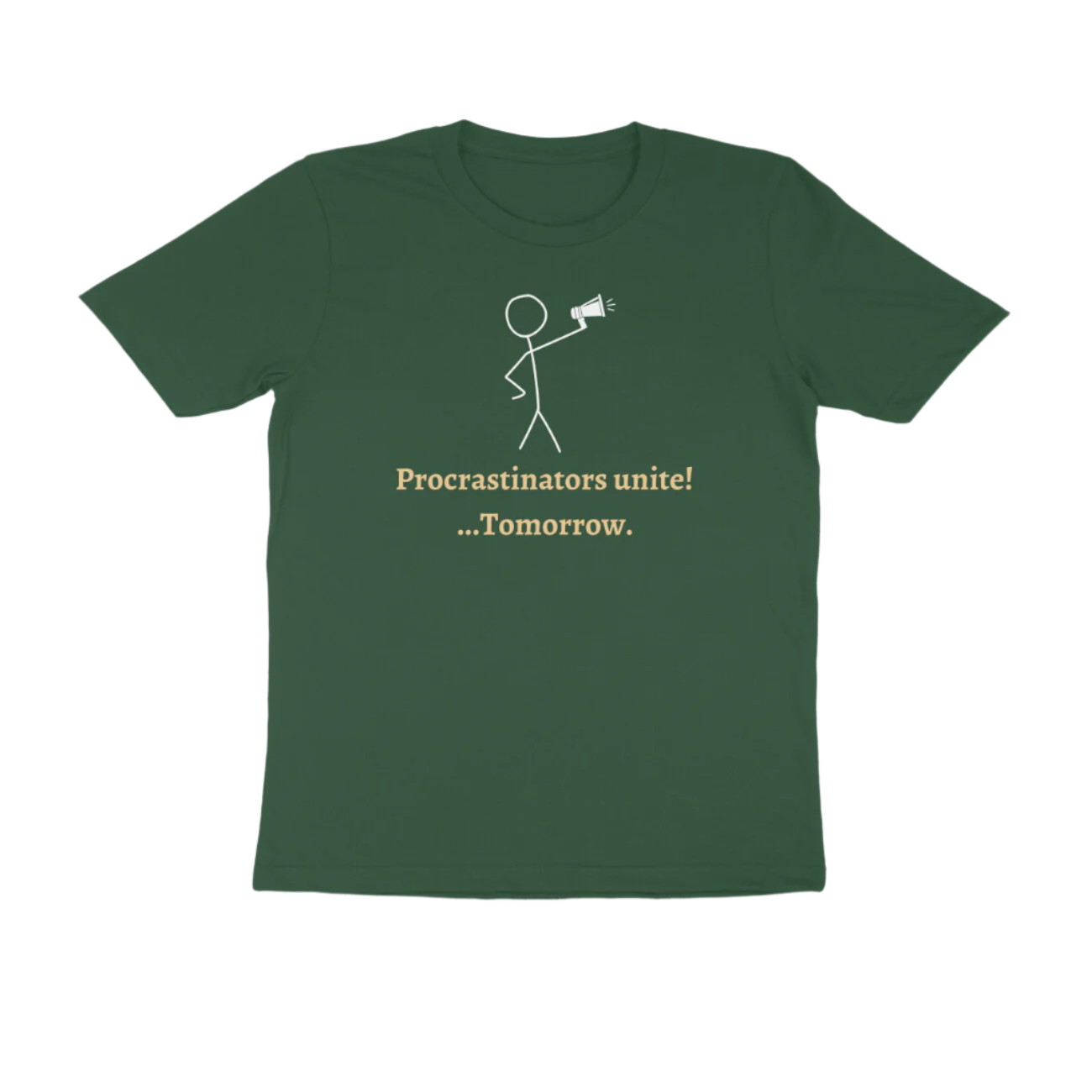 Procrastinators men’s olive green funny quote t-shirt with witty slogan and stick figure print, perfect humorous casual wear by Store Asmi.