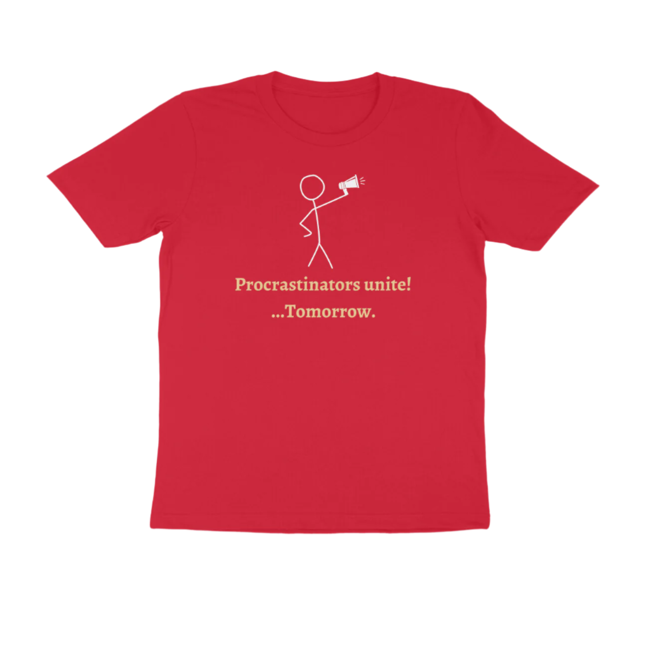 Procrastinators men’s red funny quote t-shirt with witty slogan and stick figure print, perfect humorous casual wear by Store Asmi.