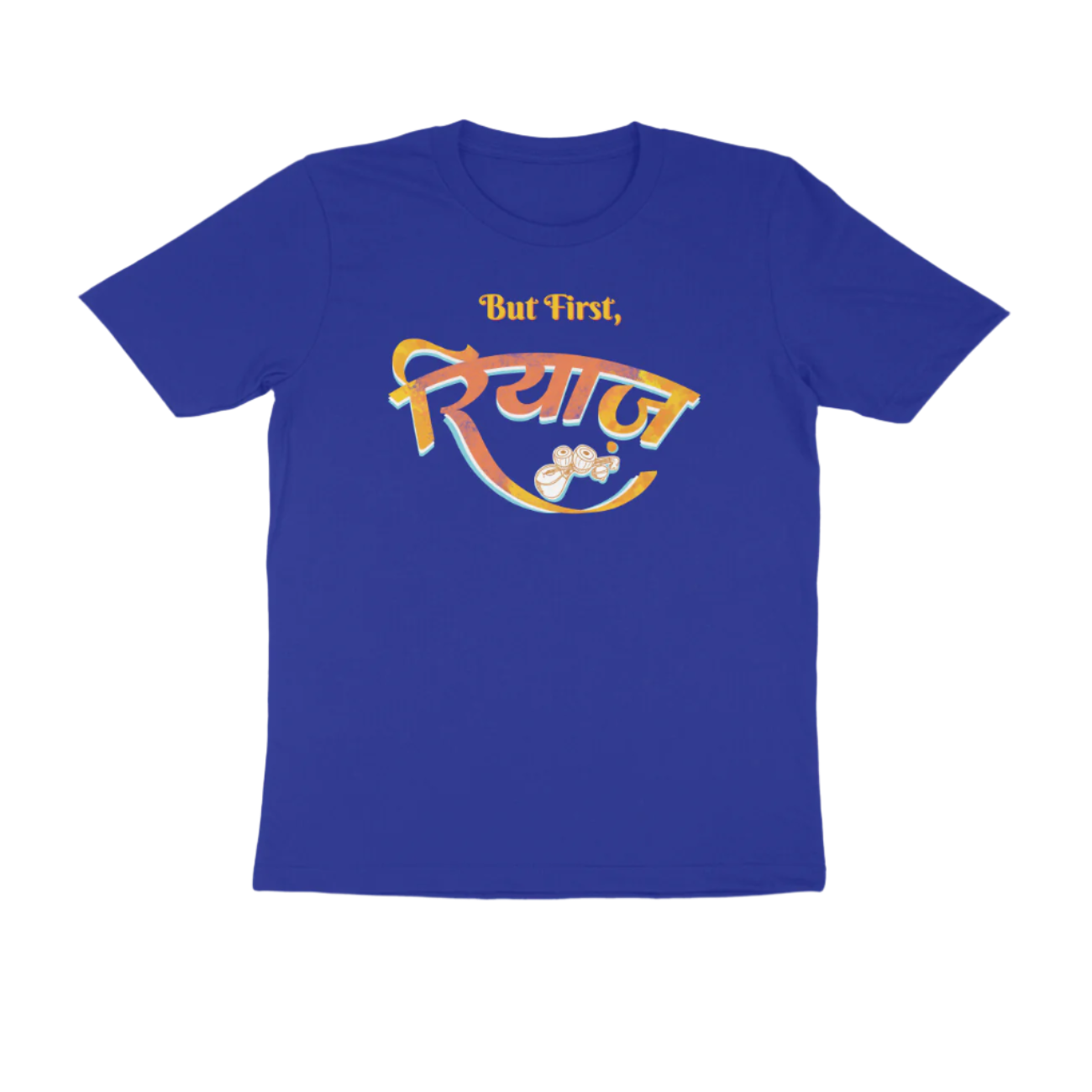 Royal Blue Riyaz men’s round neck music t-shirt with But First रियाज calligraphy and tabla artwork, a graphic printed classical cotton men’s t-shirt