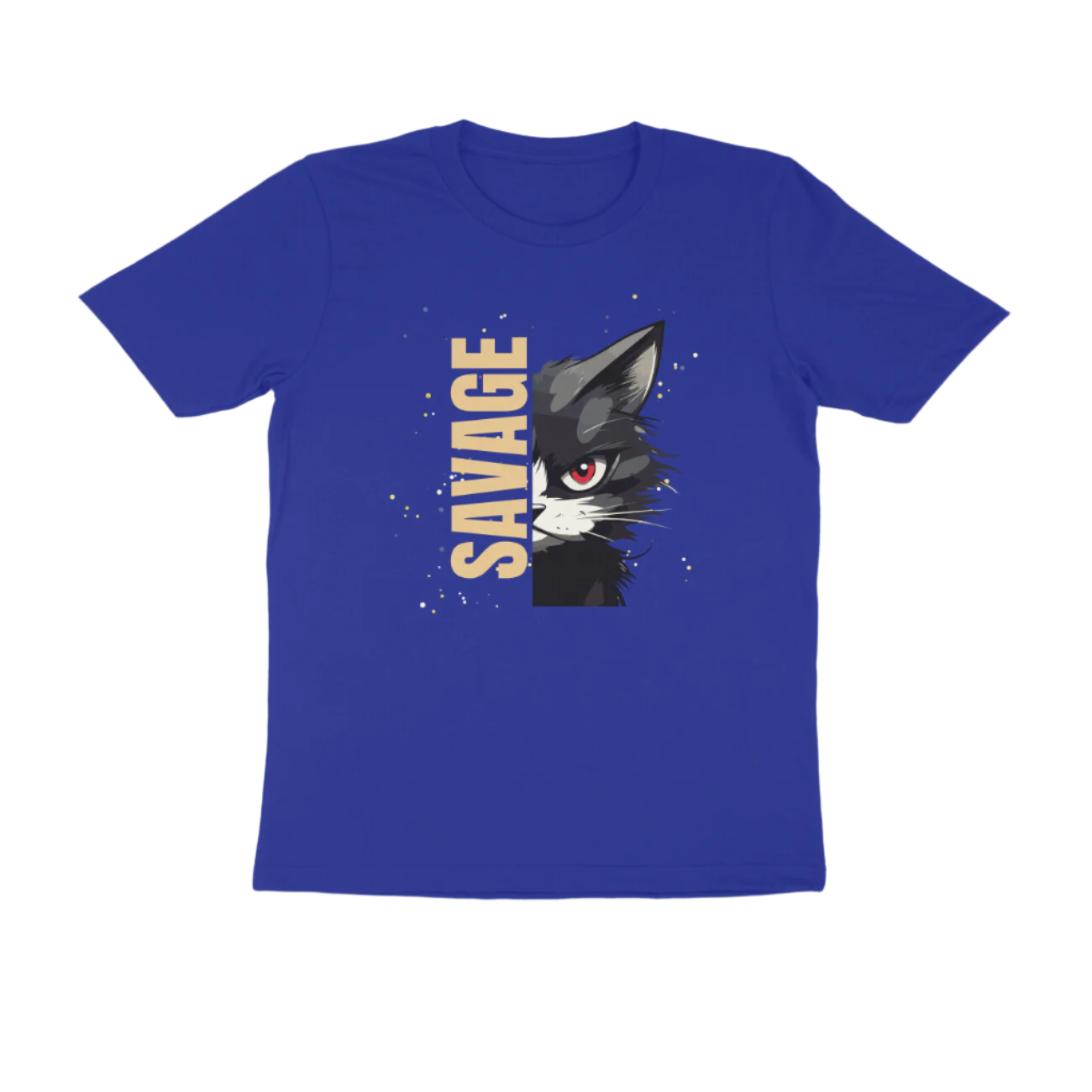 Savage Cat Men's T-Shirt in royal blue with red-eyed cat print and bold SAVAGE typography – Store Asmi.