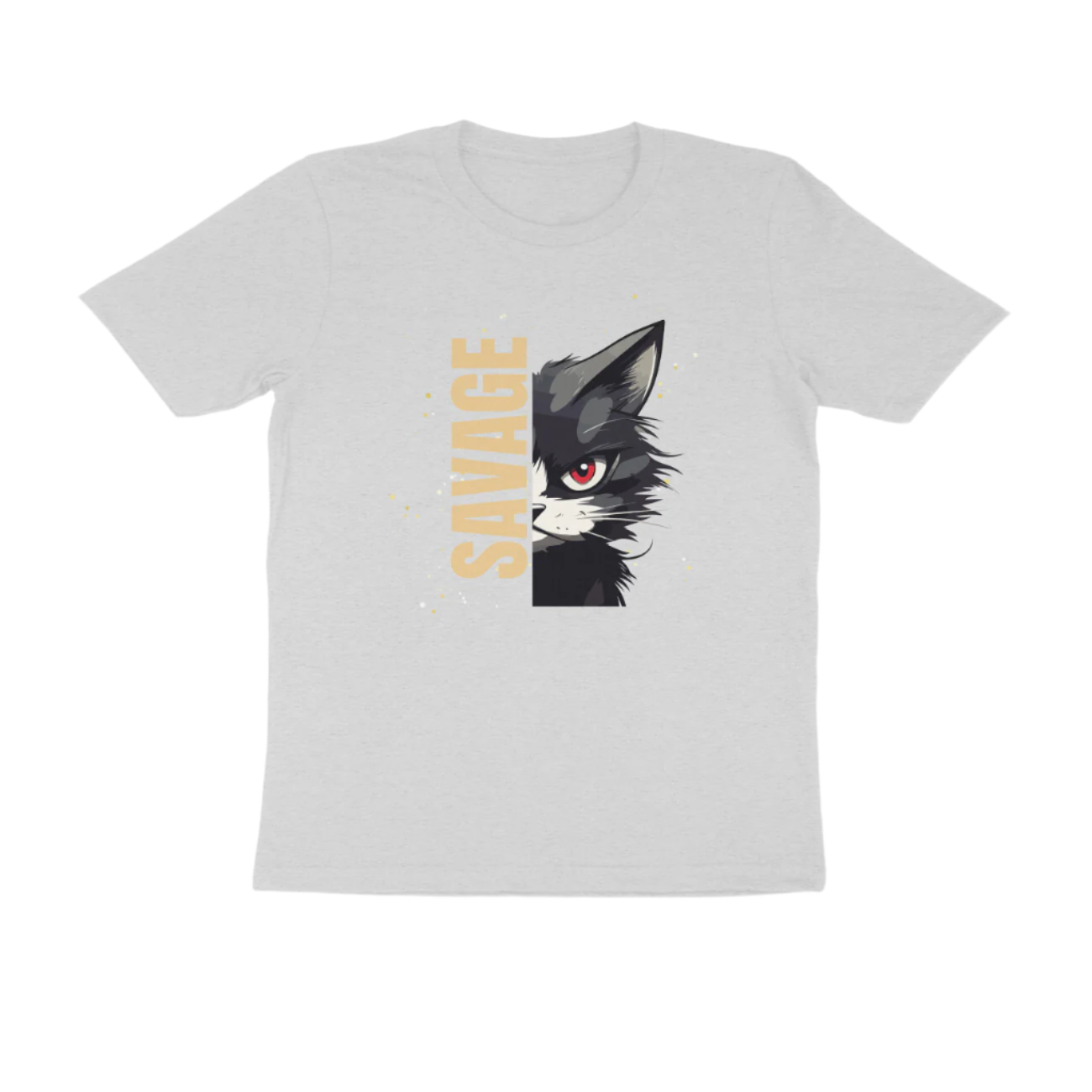Savage Cat Men's T-Shirt in white with red-eyed cat print and bold SAVAGE typography – Store Asmi.