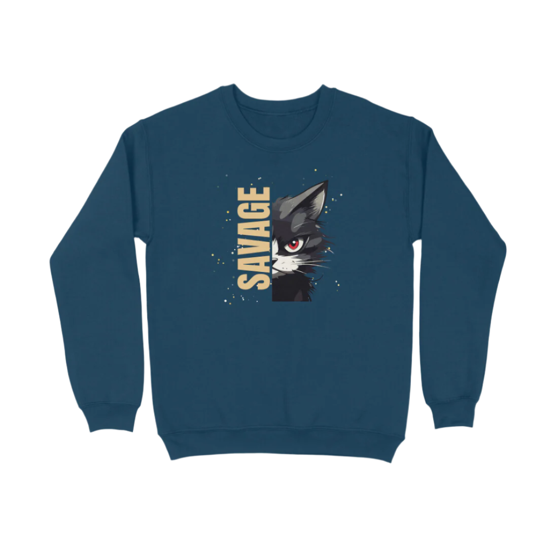 Savage Cat Unisex Sweatshirt in navy-blue featuring fierce red-eyed cat artwork – Store Asmi.