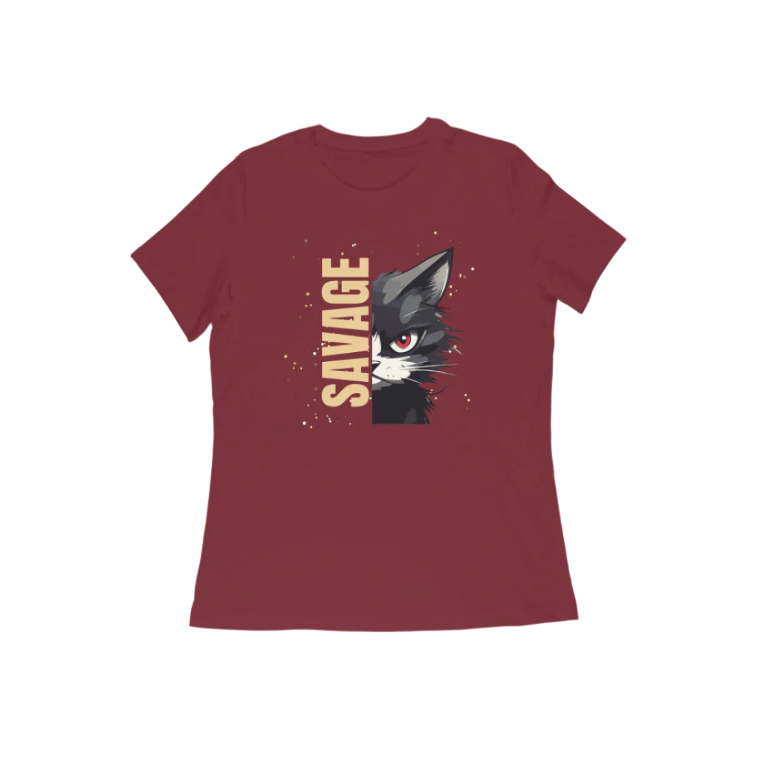 Savage Cat Women's T-Shirt in maroon with fierce red-eyed cat design – Store Asmi.