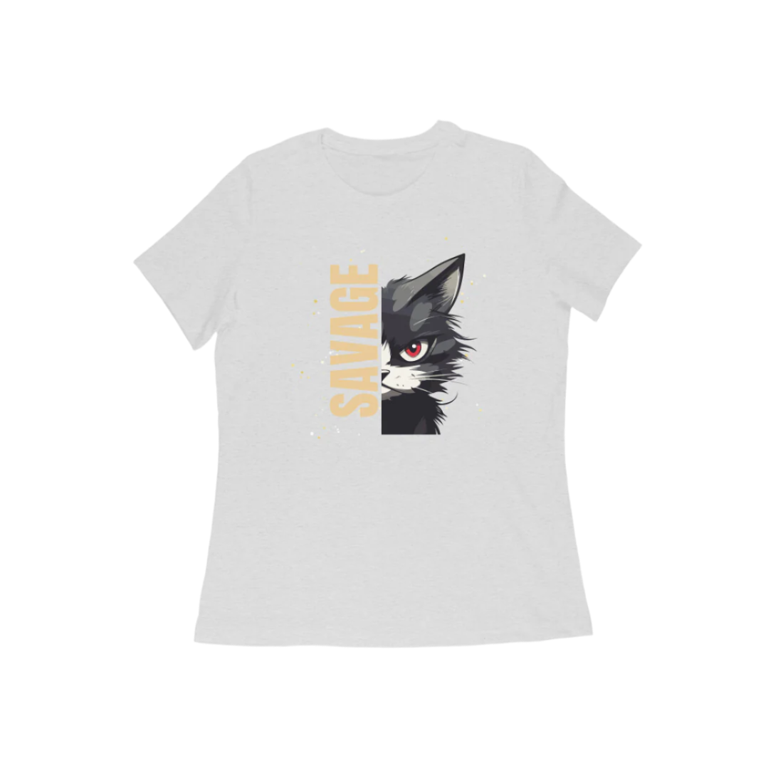 Savage Cat Women's T-Shirt in melange grey with fierce red-eyed cat design – Store Asmi.