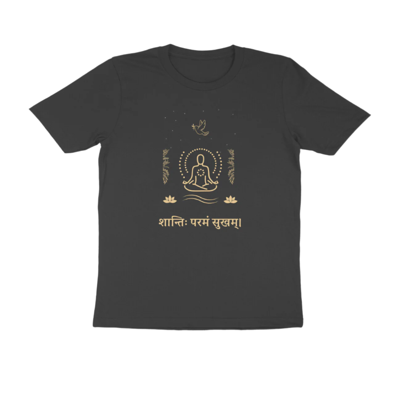 Shanti Param Sukham Men’s T-Shirt black with Sanskrit quote and meditating figure graphic promoting peace and mindfulness by Store Asmi