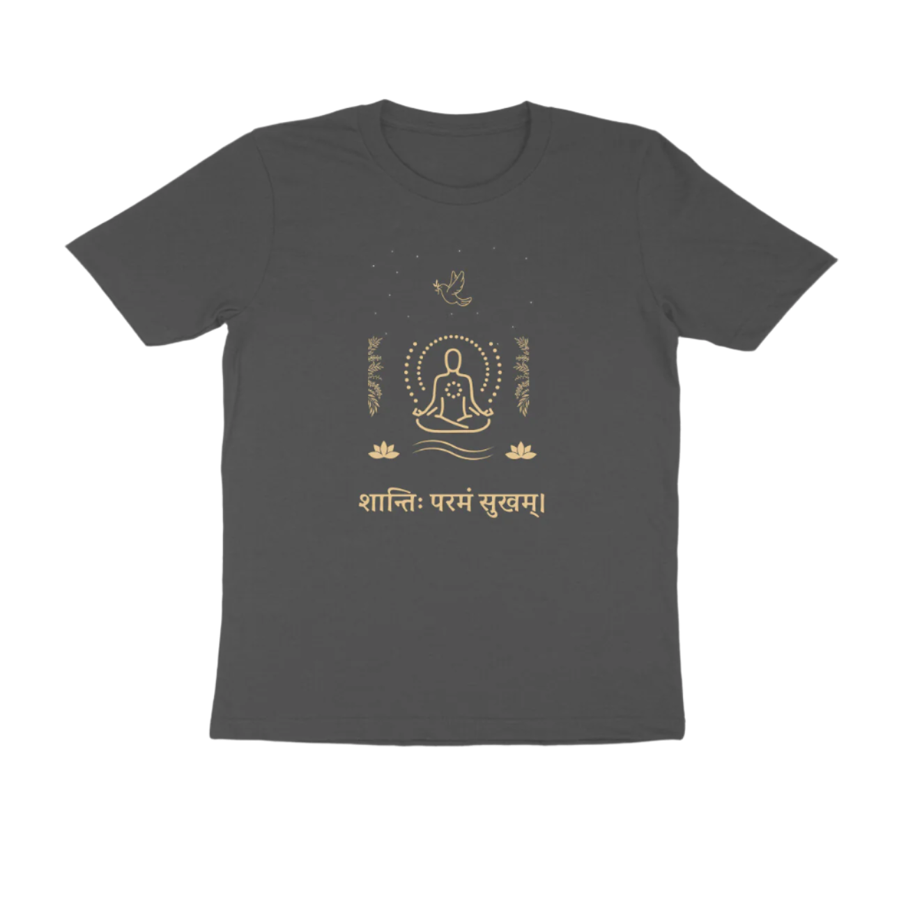 Shanti Param Sukham Men’s T-Shirt charcoal grey with Sanskrit quote and meditating figure graphic promoting peace and mindfulness by Store Asmi