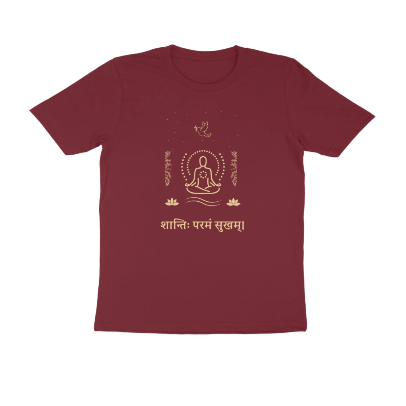 Shanti Param Sukham Men’s T-Shirt maroon with Sanskrit quote and meditating figure graphic promoting peace and mindfulness by Store Asmi