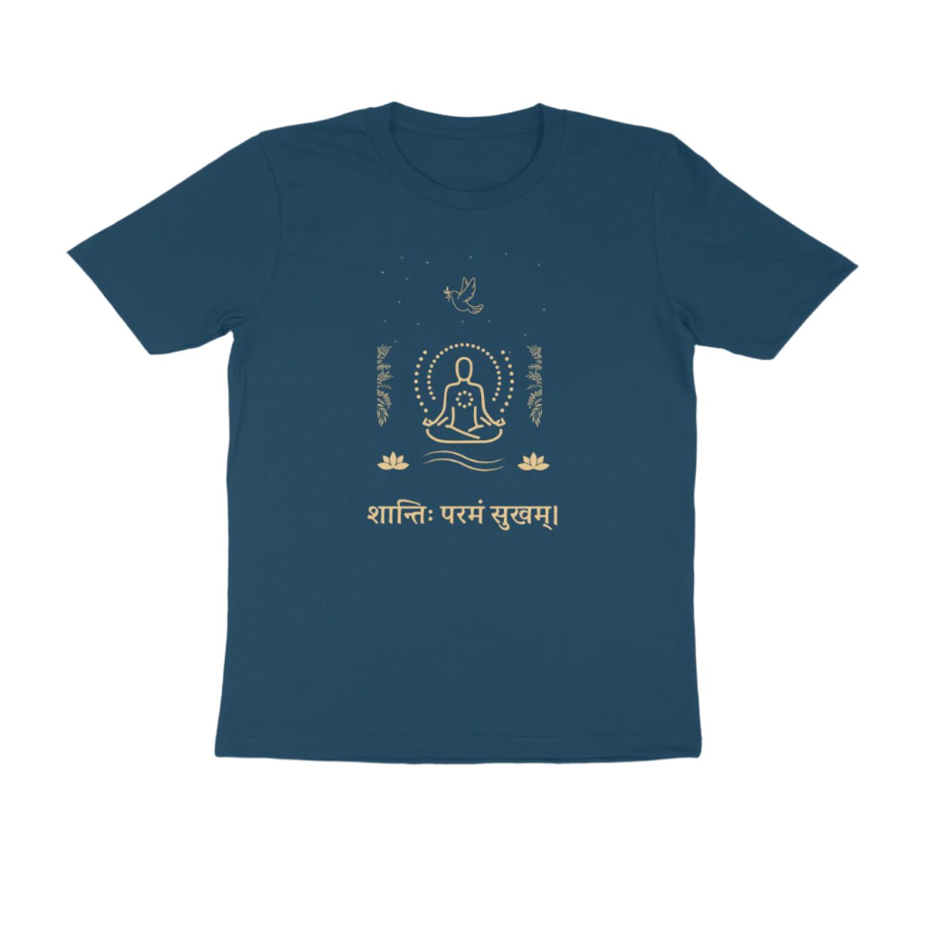 Shanti Param Sukham Men’s T-Shirt navy blue with Sanskrit quote and meditating figure graphic promoting peace and mindfulness by Store Asmi