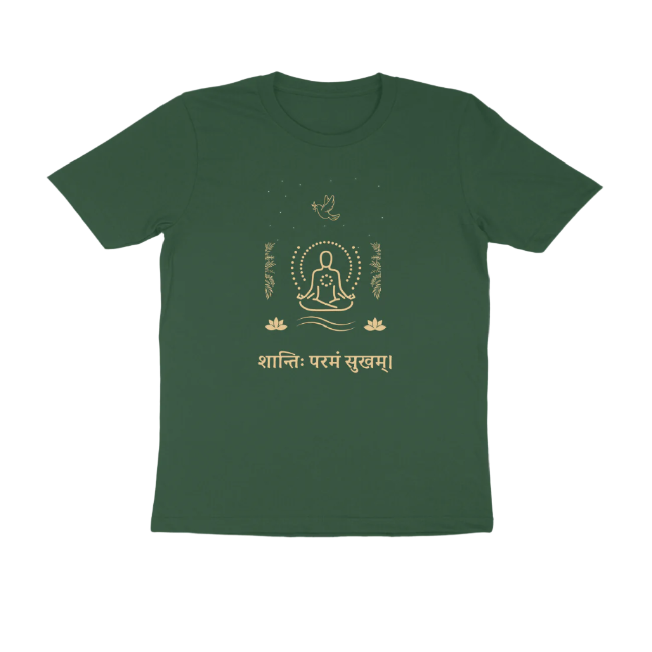 Shanti Param Sukham Men’s T-Shirt olive green with Sanskrit quote and meditating figure graphic promoting peace and mindfulness by Store Asmi