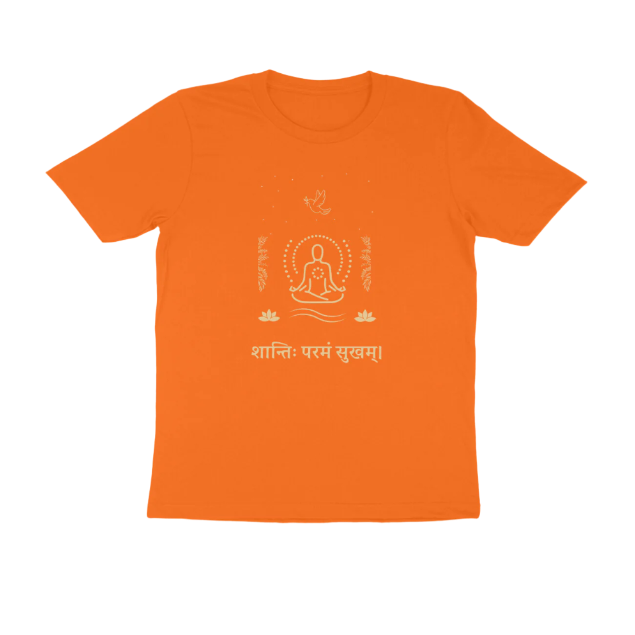 Shanti Param Sukham Men’s T-Shirt orange with Sanskrit quote and meditating figure graphic promoting peace and mindfulness by Store Asmi