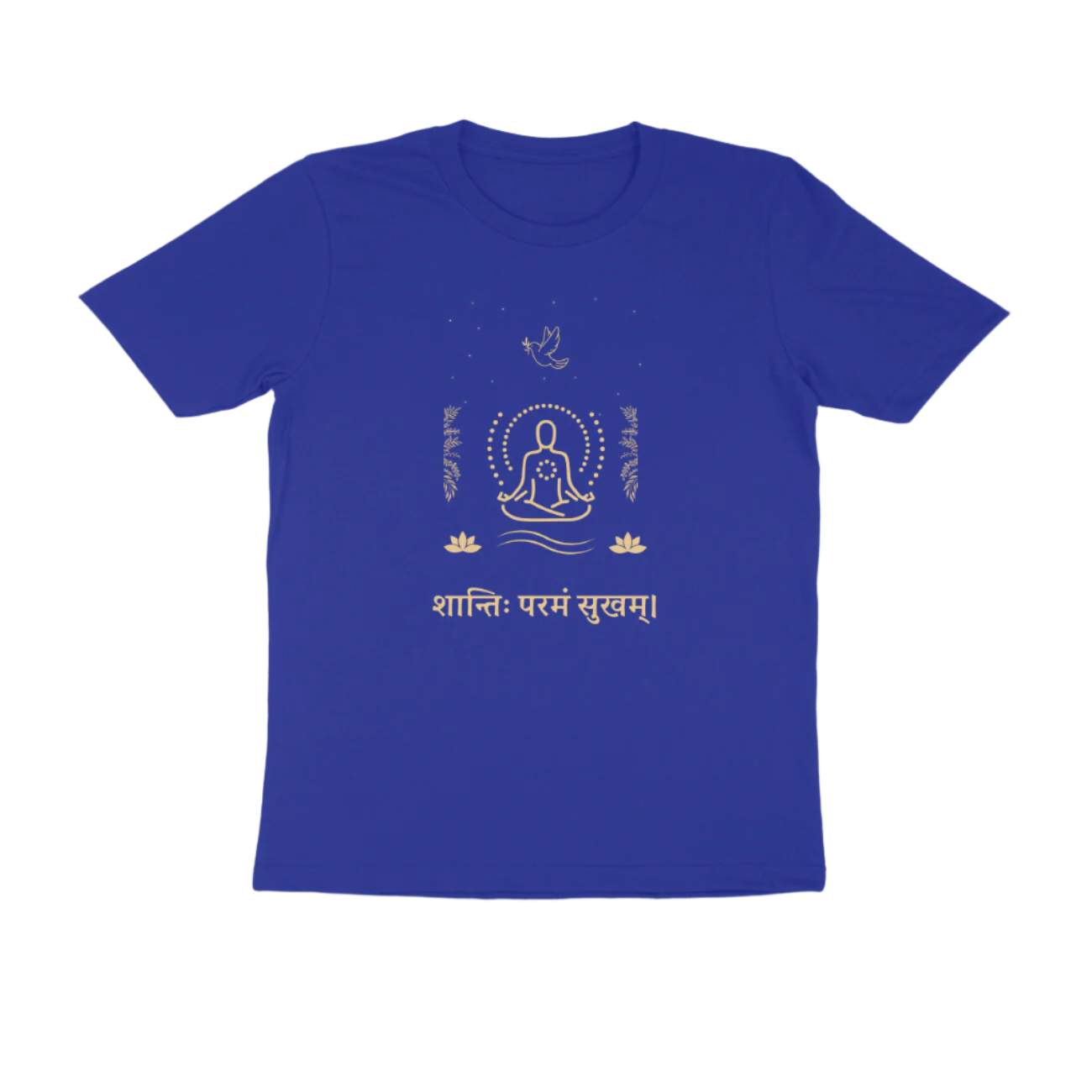 Shanti Param Sukham Men’s T-Shirt royal blue with Sanskrit quote and meditating figure graphic promoting peace and mindfulness by Store Asmi
